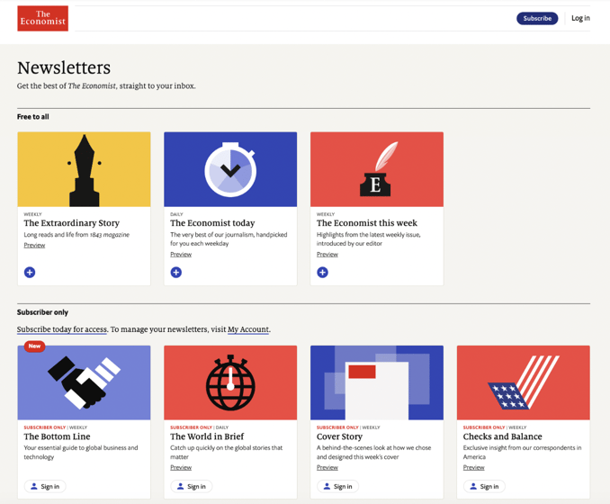 The Economist’s portfolio of free and subscriber only newsletters.